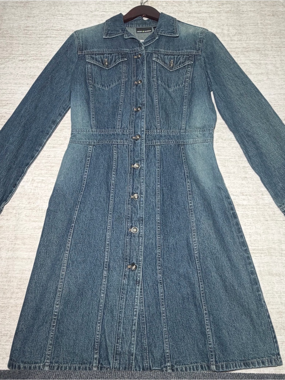DKNY Long-Sleeve Button-Front Denim Dress - Blue